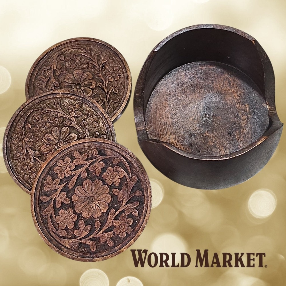 World Market Hand Carved Floral Wood Coasters Brown OS